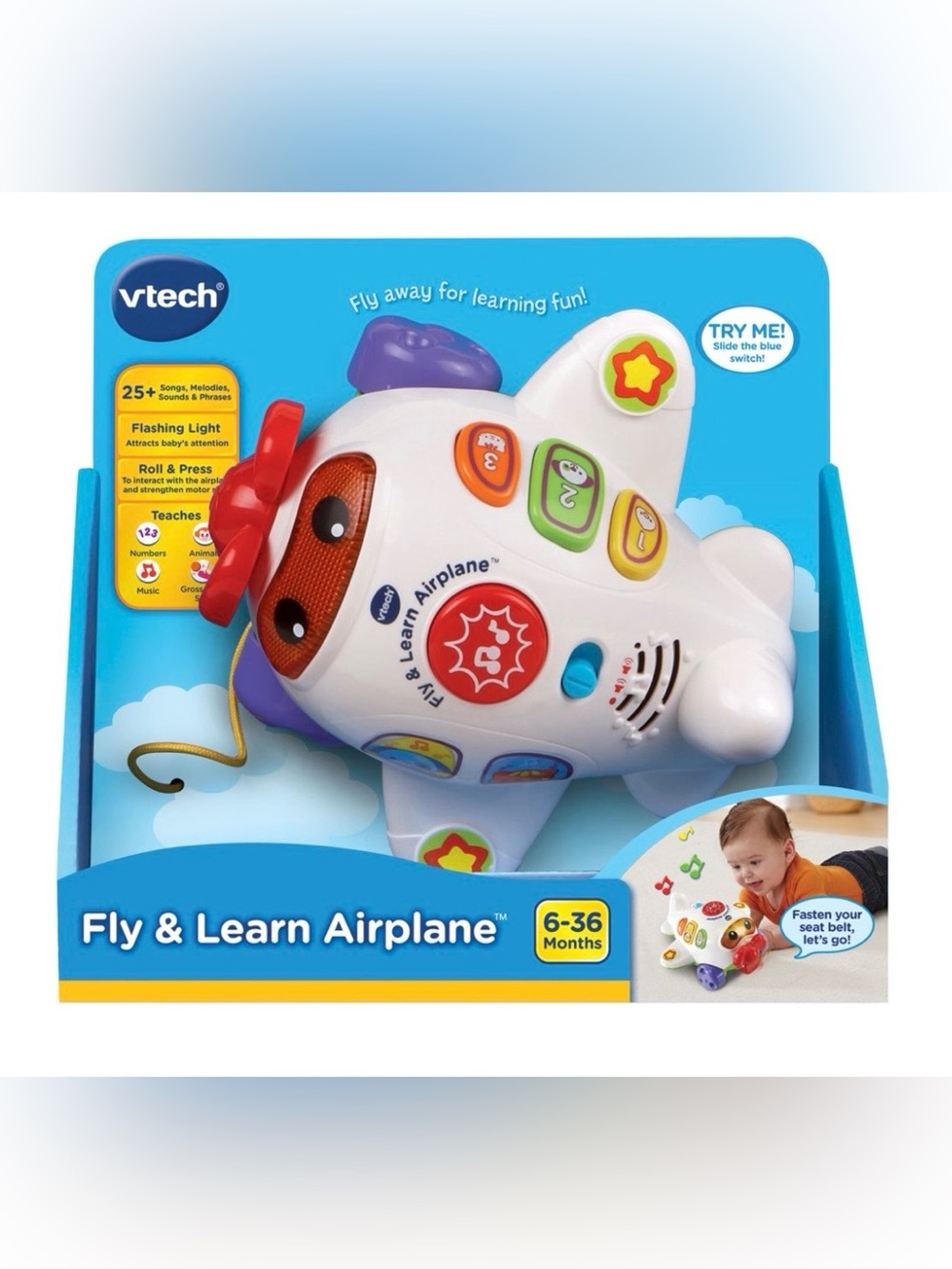 Interactive White Pull-Along Learning Airplane Toy with Colorful Buttons